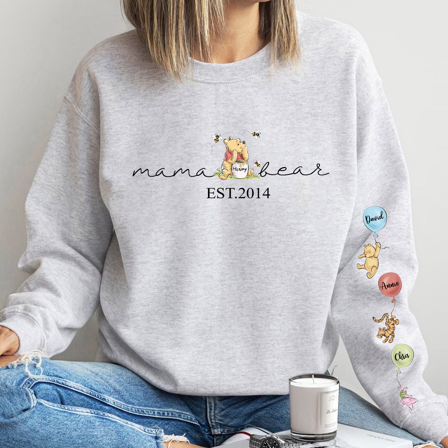 Custom Mama Bear Sweatshirt/Hoodie/Crewneck, Mama Est with Kid Name on Sleeve Sweatshirt