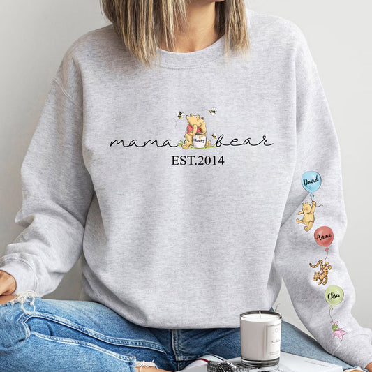Custom Mama Bear Sweatshirt/Hoodie/Crewneck, Mama Est with Kid Name on Sleeve Sweatshirt