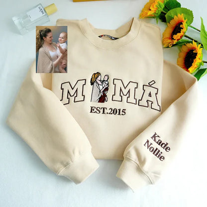 Mama,Mom T-shirt with Photo, Custom Embroidered Sweatshirt Mama and Kids Portrait