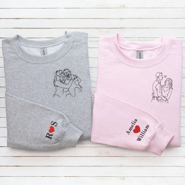 Custom One Line Couple Portrait Embroidery Outline Sweatshirt/Hoodie