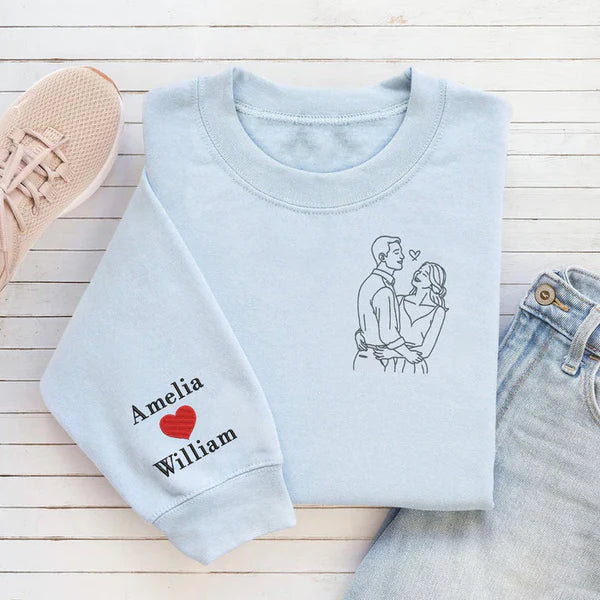 Custom One Line Couple Portrait Embroidery Outline Sweatshirt/Hoodie