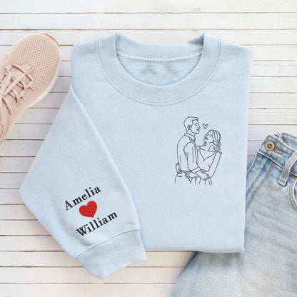 Custom One Line Couple Portrait Embroidery Outline Sweatshirt/Hoodie