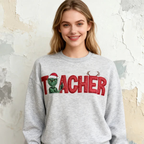 Custom Glitter Embroidered Christmas Grinch Teacher Sweatshirt