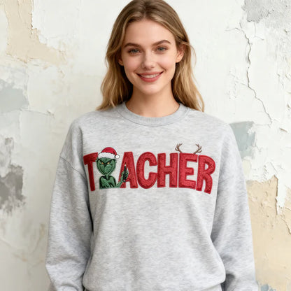Custom Glitter Embroidered Christmas Grinch Teacher Sweatshirt