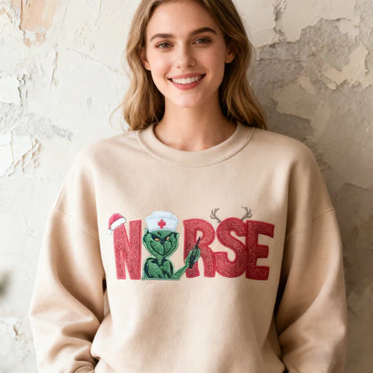 Custom Glitter Embroidered Christmas Nurse Grinch Sweatshirt