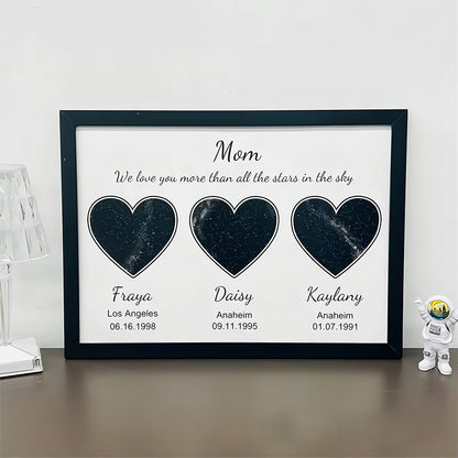 Custom heart-shaped frame with text, date, and location—Mom's World