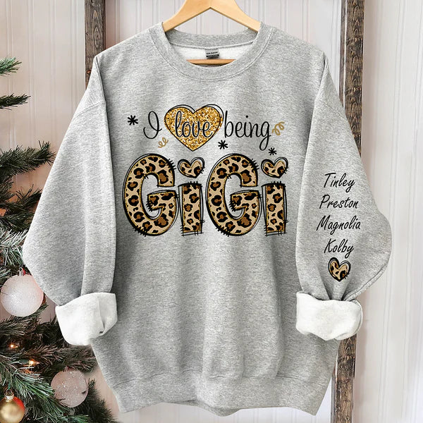 Personalized I Love Being Gigi Leopard Sweatshirt, Custom Grandma and Grandkids Sweatshirt Sweatshirt