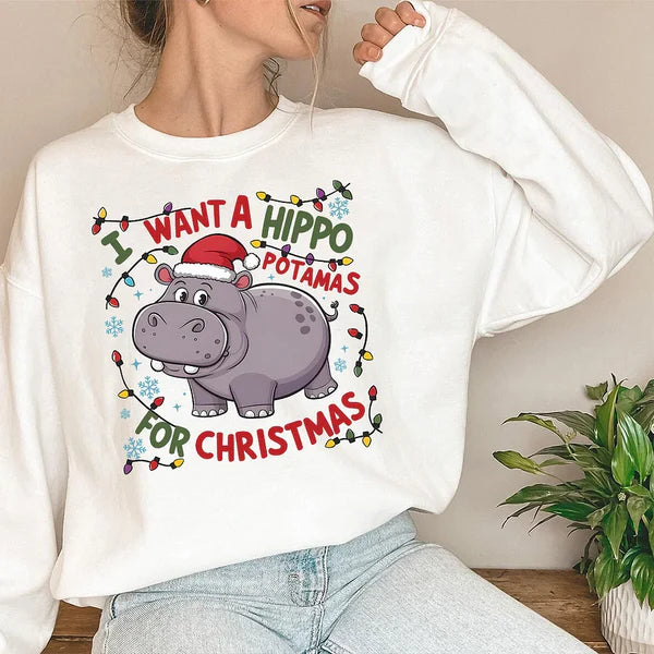 I Want A Hippopotamus For Christmas Sweatshirt, Hippo Christmas Lights Sweater, Christmas Hippopotamus Sweatshirt, Cute Christmas Party Shirts