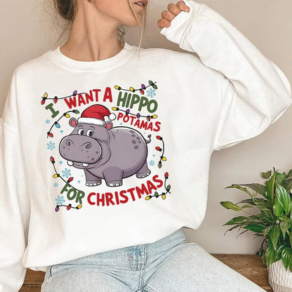 I Want A Hippopotamus For Christmas Sweatshirt, Hippo Christmas Lights Sweater, Christmas Hippopotamus Sweatshirt, Cute Christmas Party Shirts