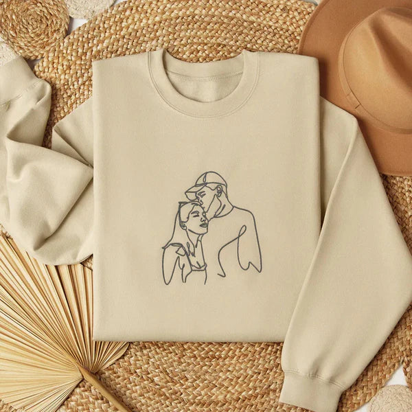 Custom One Line Couple Portrait Embroidery Outline Sweatshirt/Hoodie