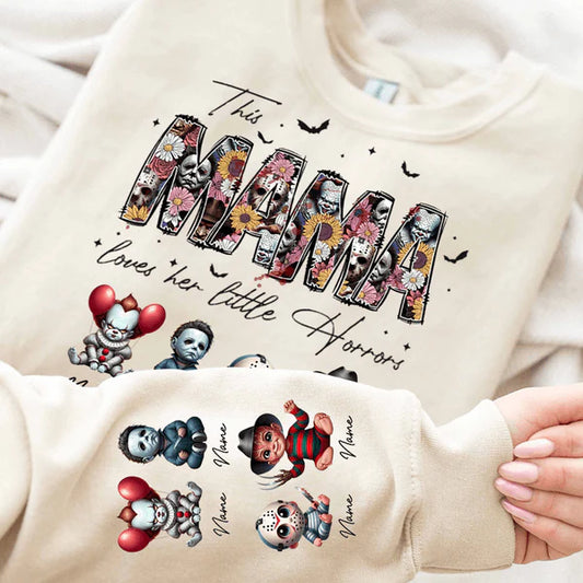 Personalized This Mama Loves Her Little Horrors Sweatshirt, Mama Shirt With Kids Name, Spooky Season Halloween