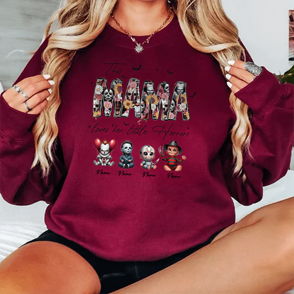 Personalized This Mama Loves Her Little Horrors Sweatshirt, Mama Shirt With Kids Name, Spooky Season Halloween