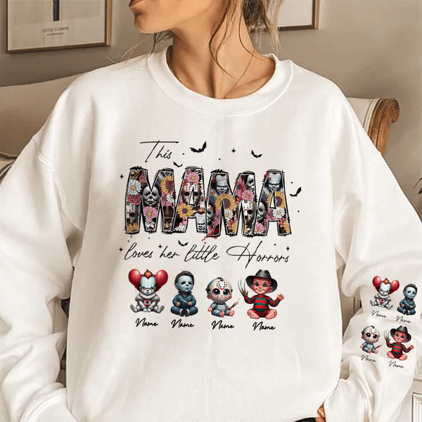 Personalized This Mama Loves Her Little Horrors Sweatshirt, Mama Shirt With Kids Name, Spooky Season Halloween
