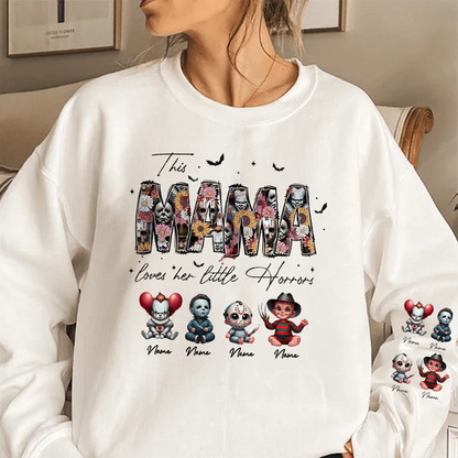 Personalized This Mama Loves Her Little Horrors Sweatshirt, Mama Shirt With Kids Name, Spooky Season Halloween