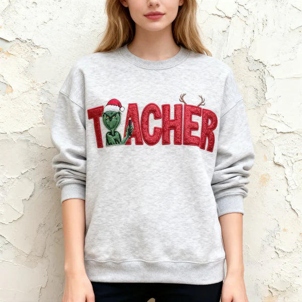 Custom Glitter Embroidered Christmas Grinch Teacher Sweatshirt