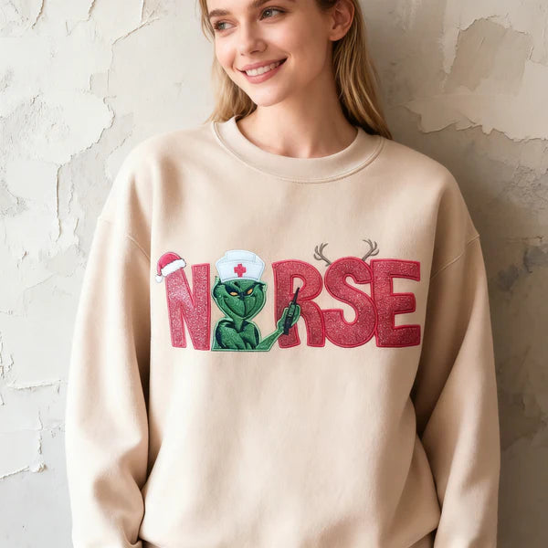 Custom Glitter Embroidered Christmas Nurse Grinch Sweatshirt