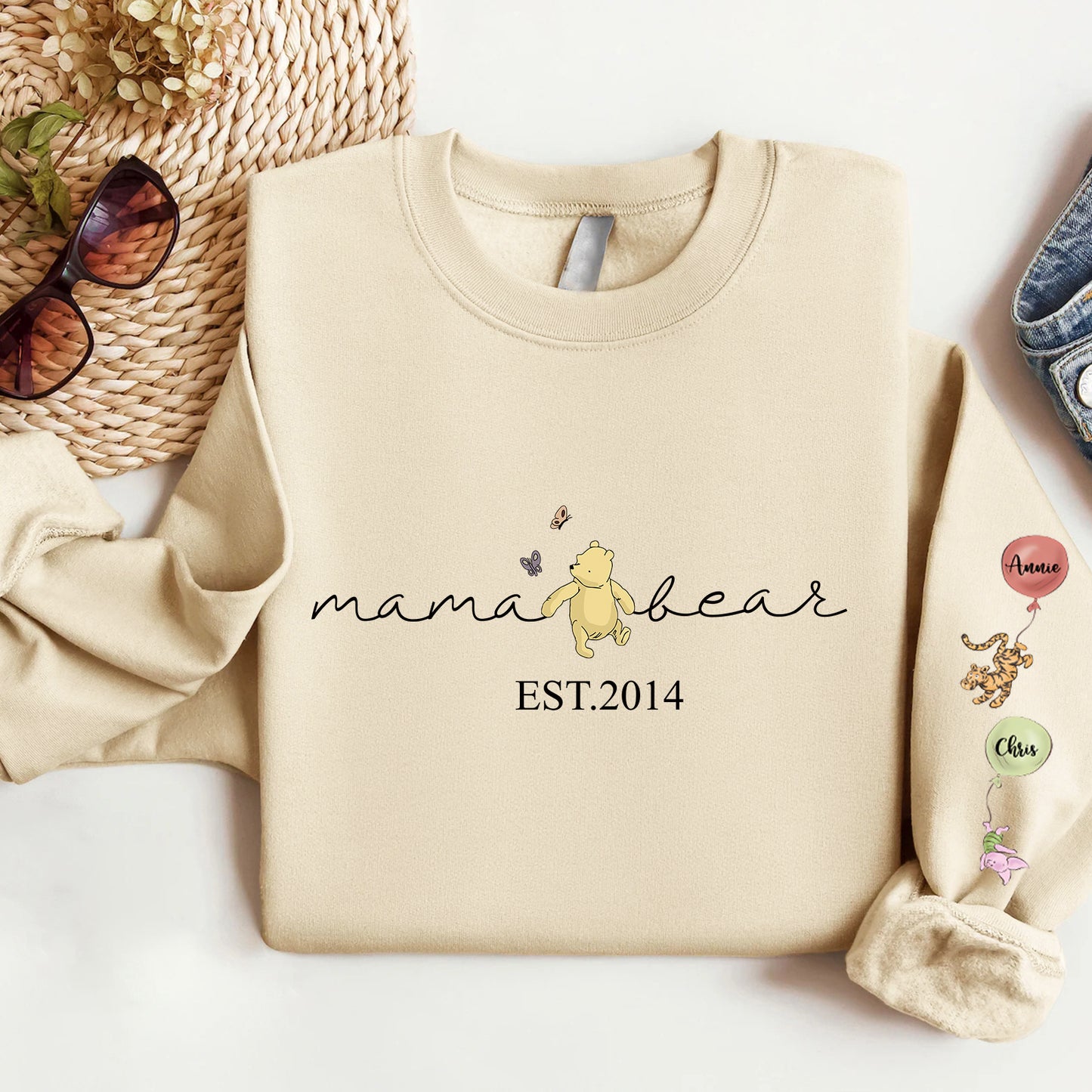 Custom Mama Bear Sweatshirt/Hoodie/Crewneck, Mama Est with Kid Name on Sleeve Sweatshirt