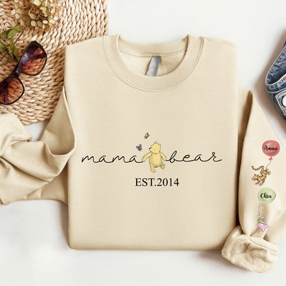 Custom Mama Bear Sweatshirt/Hoodie/Crewneck, Mama Est with Kid Name on Sleeve Sweatshirt