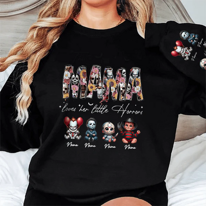 Personalized This Mama Loves Her Little Horrors Sweatshirt, Mama Shirt With Kids Name, Spooky Season Halloween