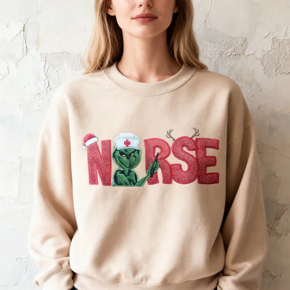 Custom Glitter Embroidered Christmas Nurse Grinch Sweatshirt