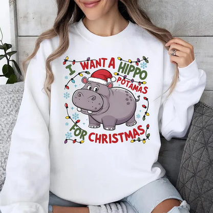 I Want A Hippopotamus For Christmas Sweatshirt, Hippo Christmas Lights Sweater, Christmas Hippopotamus Sweatshirt, Cute Christmas Party Shirts