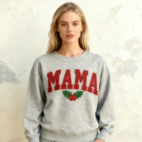 Christmas Mama Sweatshirt Embroidered Glitter Crewneck