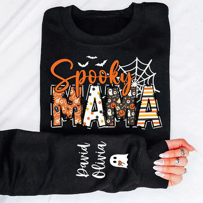 Spooky Mama-Halloween Mama Sweatshirt with Kids Name on Sleeve