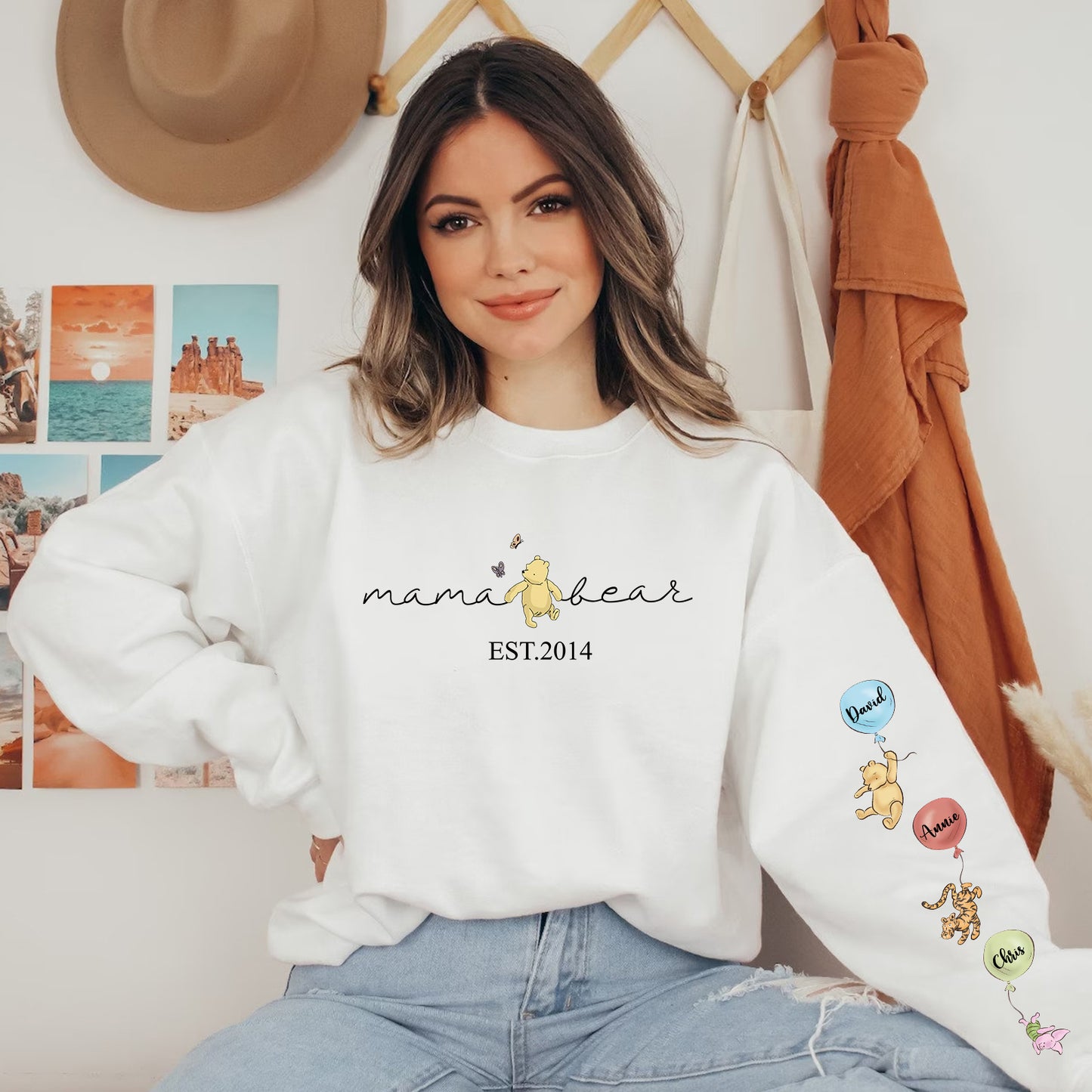 Custom Mama Bear Sweatshirt/Hoodie/Crewneck, Mama Est with Kid Name on Sleeve Sweatshirt