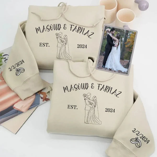 Custom Couple Outline Photo And Name Embroidered Sweatshirts