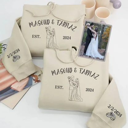 Custom Couple Outline Photo And Name Embroidered Sweatshirts