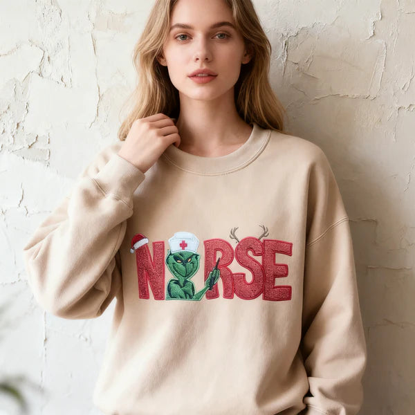 Custom Glitter Embroidered Christmas Nurse Grinch Sweatshirt