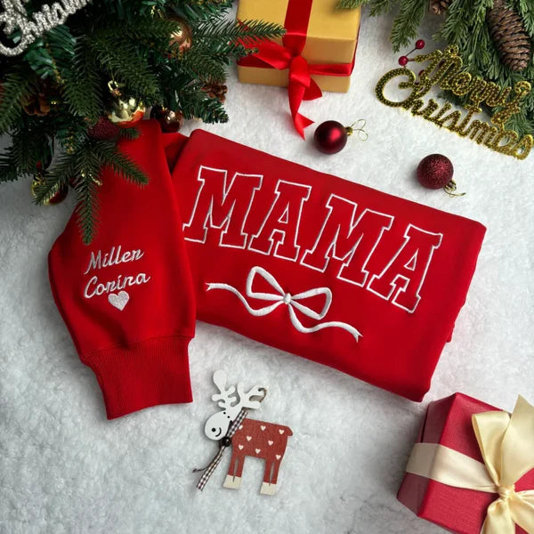 Custom Bow Mama Embroidered Sweatshirt With Kids Names on Sleeve