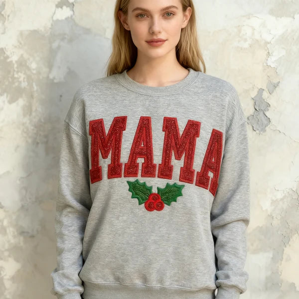 Christmas Mama Sweatshirt Embroidered Glitter Crewneck