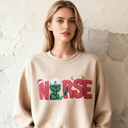 Custom Glitter Embroidered Christmas Nurse Grinch Sweatshirt