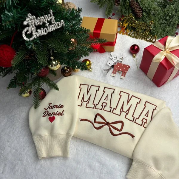 Custom Bow Mama Embroidered Sweatshirt With Kids Names on Sleeve