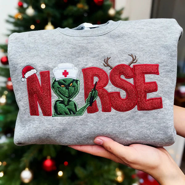 Custom Glitter Embroidered Christmas Nurse Grinch Sweatshirt