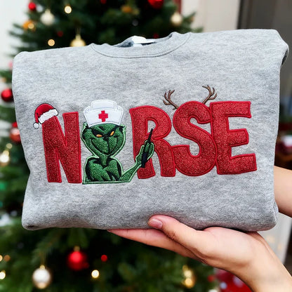Custom Glitter Embroidered Christmas Nurse Grinch Sweatshirt