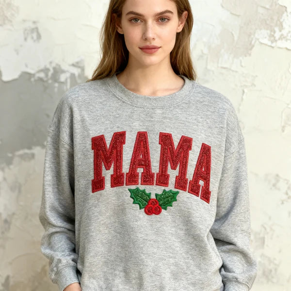 Christmas Mama Sweatshirt Embroidered Glitter Crewneck
