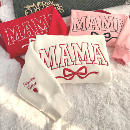 Custom Bow Mama Embroidered Sweatshirt With Kids Names on Sleeve