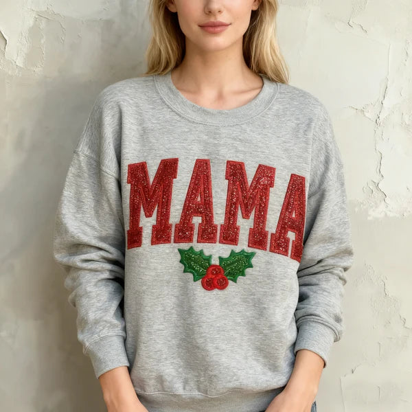 Christmas Mama Sweatshirt Embroidered Glitter Crewneck