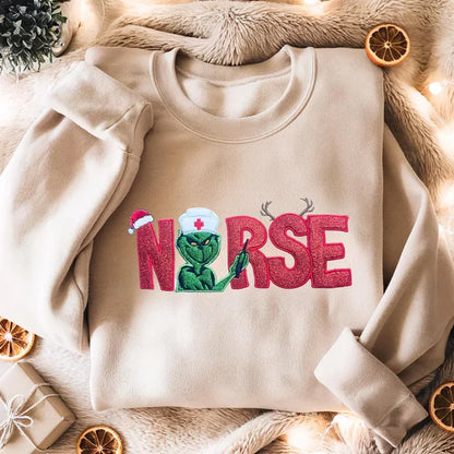 Custom Glitter Embroidered Christmas Nurse Grinch Sweatshirt