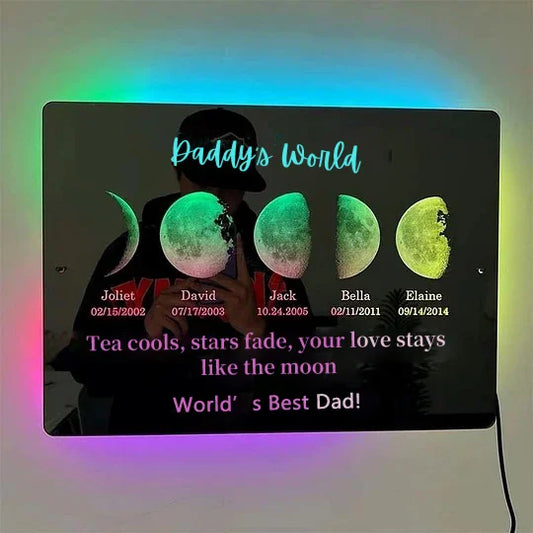 Custom LED Mirror Light Frame with text and date - dad's universe. Enter a date and we'll find out for you what it's like to live on the moon.
