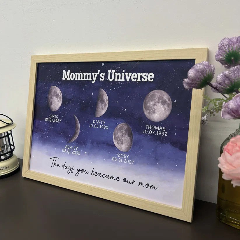Print Custom encircling the moon Phase Frame With Text & Date- Mommy's Universe