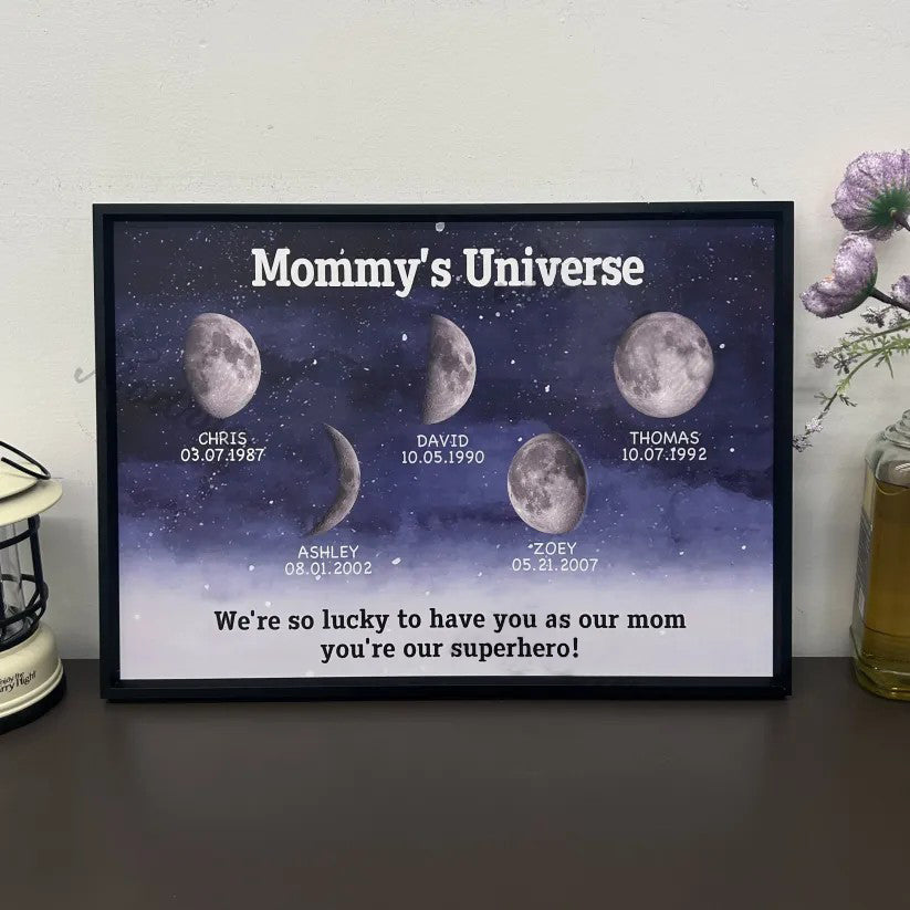 Print Custom encircling the moon Phase Frame With Text & Date- Mommy's Universe