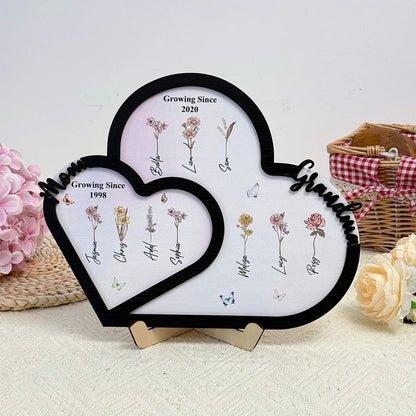 Personalized First Mom Now Grandma Birth Month Flower Heart Wooden Plaque Gift