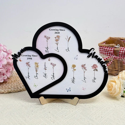 Personalized First Mom Now Grandma Birth Month Flower Heart Wooden Plaque Gift